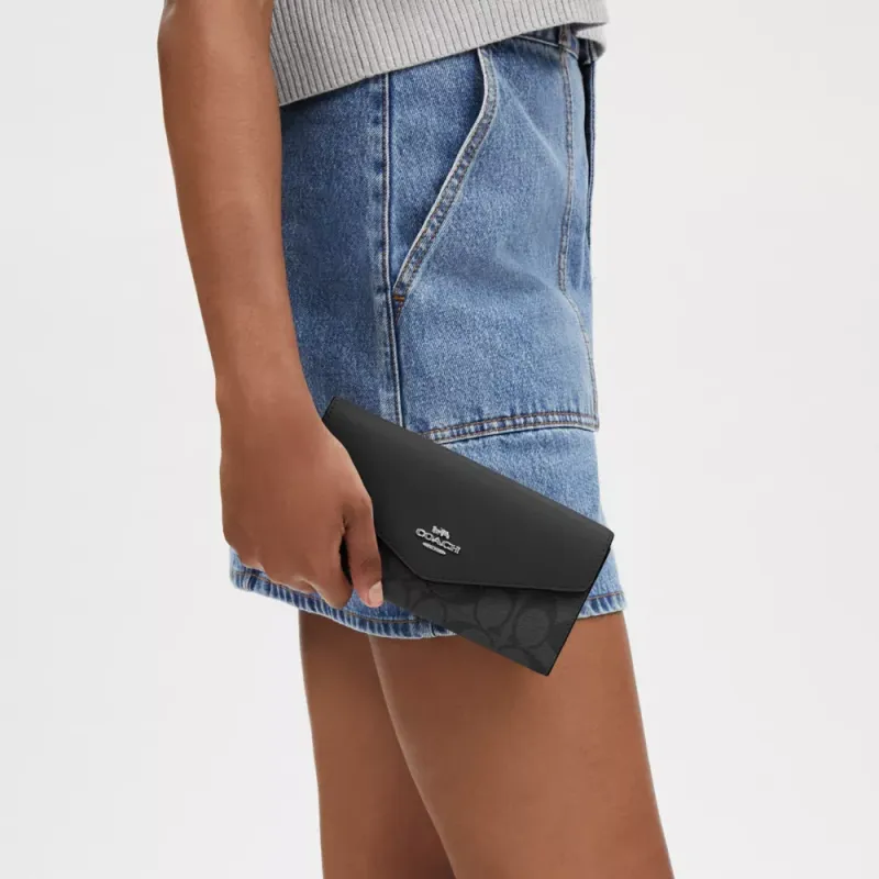 COACH Envelope Coated Canvas Envelope Wallet Trumpets Women's Silver & Graphite & Black-4