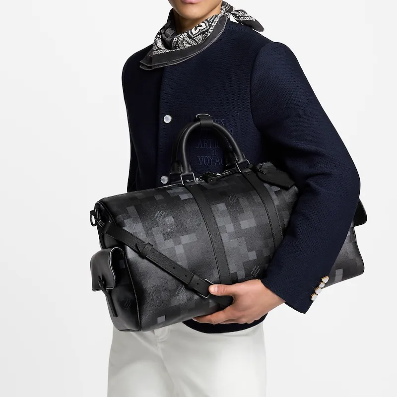 LOUIS VUITTON KeepallBandoulière Damoflage Black Coated Canvas One Shoulder Crossbody Bag, Travel Bag Men's Black-5