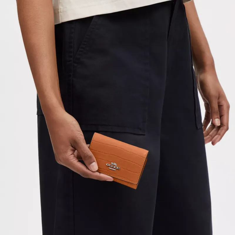 COACH Micro Crocodile Pattern Embossed Leather Wallet Mini Women's Washable Orange-2
