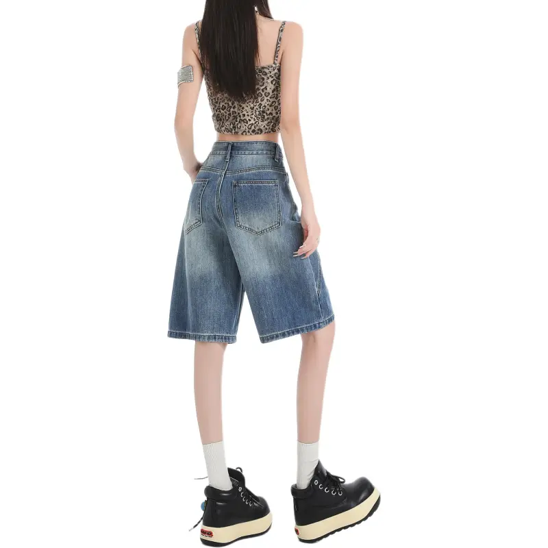 Wen Shan Denim Shorts Women's Vintage Blue Knee Length Pants-1