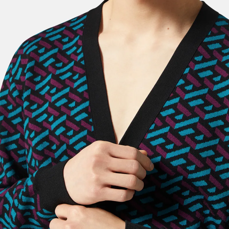 VERSACE Monogram Geometric Intarsia Cardigan-4