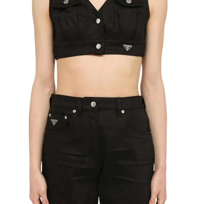 PRADA Triangle Logo Plaque V Neck Cropped Vest-2