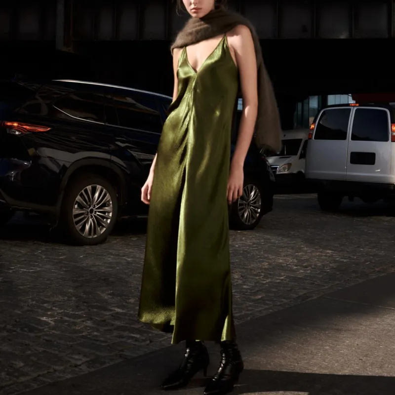 ZARA ZW Series Slip Dresses Women's Green-2