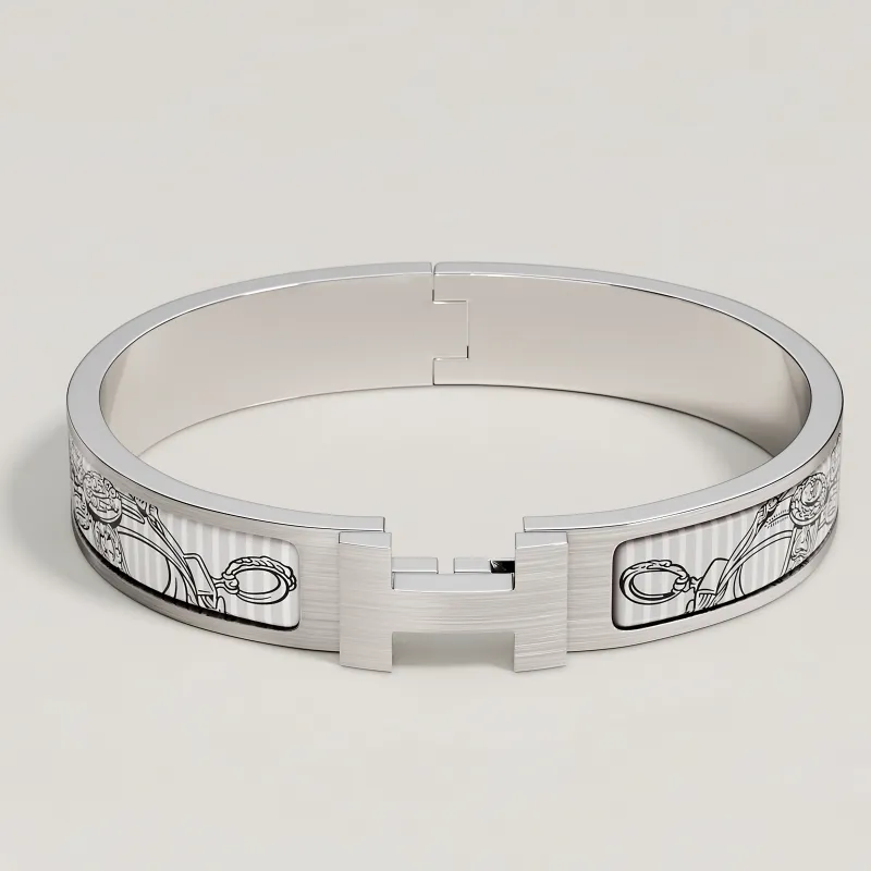 HERMES Enamel, Metal, Palladium Bangles Men's Silver-1