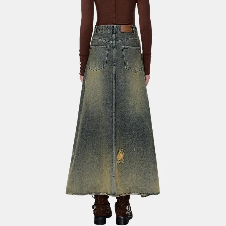 13 DEMARZO Denim Long Skirts Women's Washed Green-3