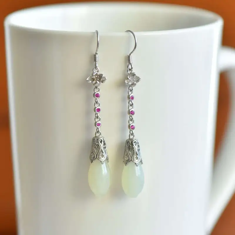 Grace Hetian Jade Earrings Pale Greenish White Jade Women's-1