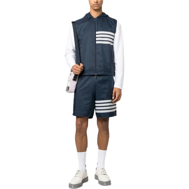 THOM BROWNE 4 Bar Striped Zipped Ripstop Hooded Gilet-3