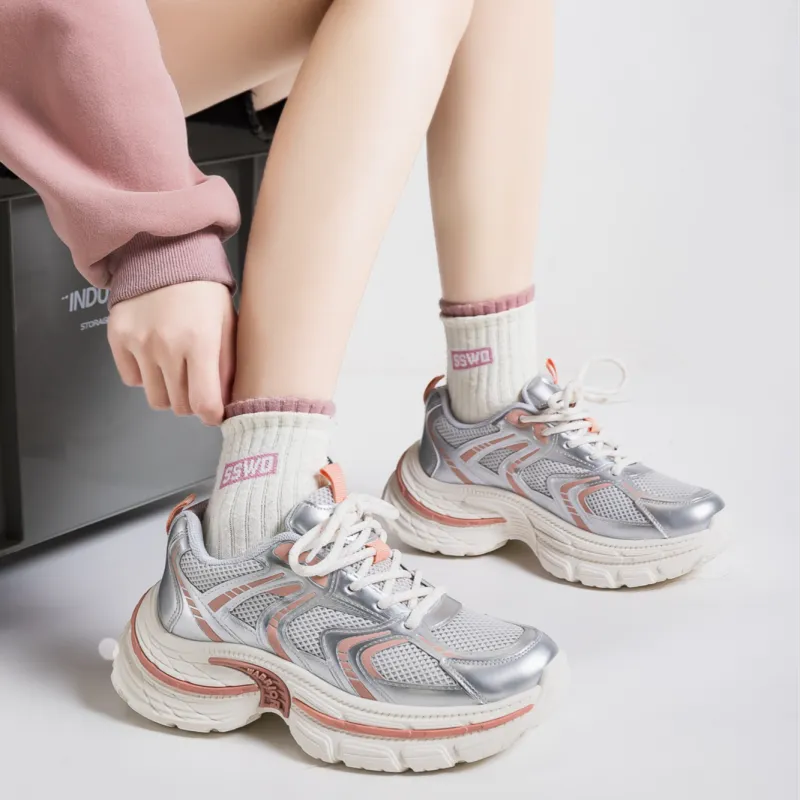 Warrior Anti Slip And Wear Resistant Height Increasing Low Top Chunky Sneakers Women's Silver Orange Pink-7