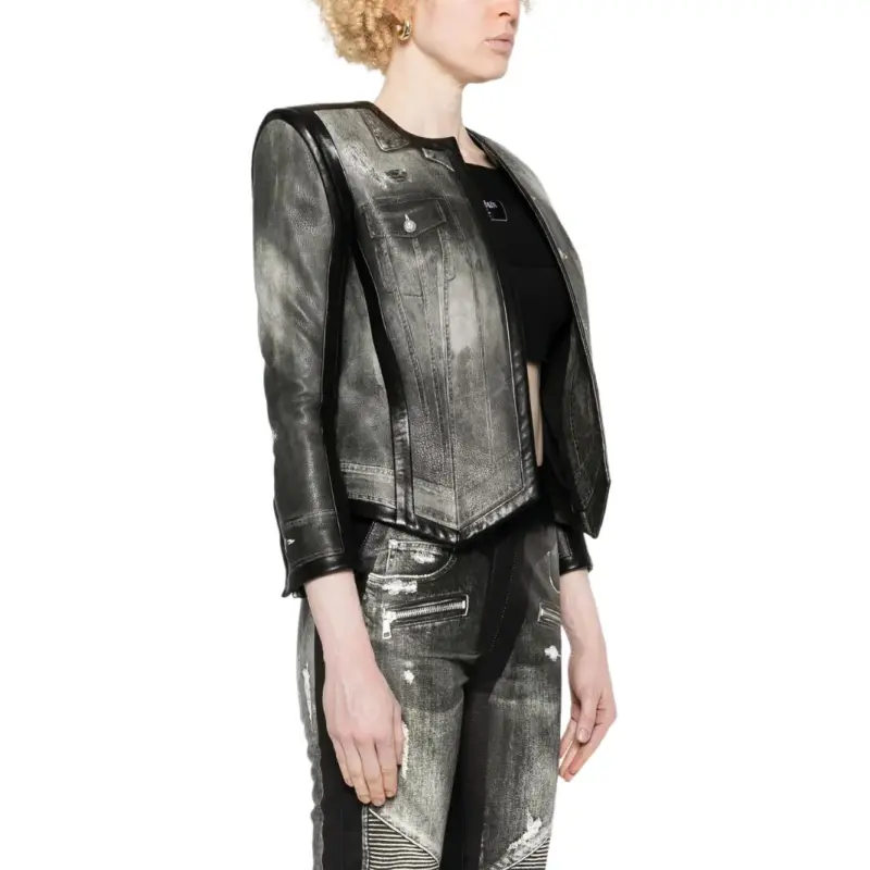 BALMAIN Denim print Leather Jacket-3