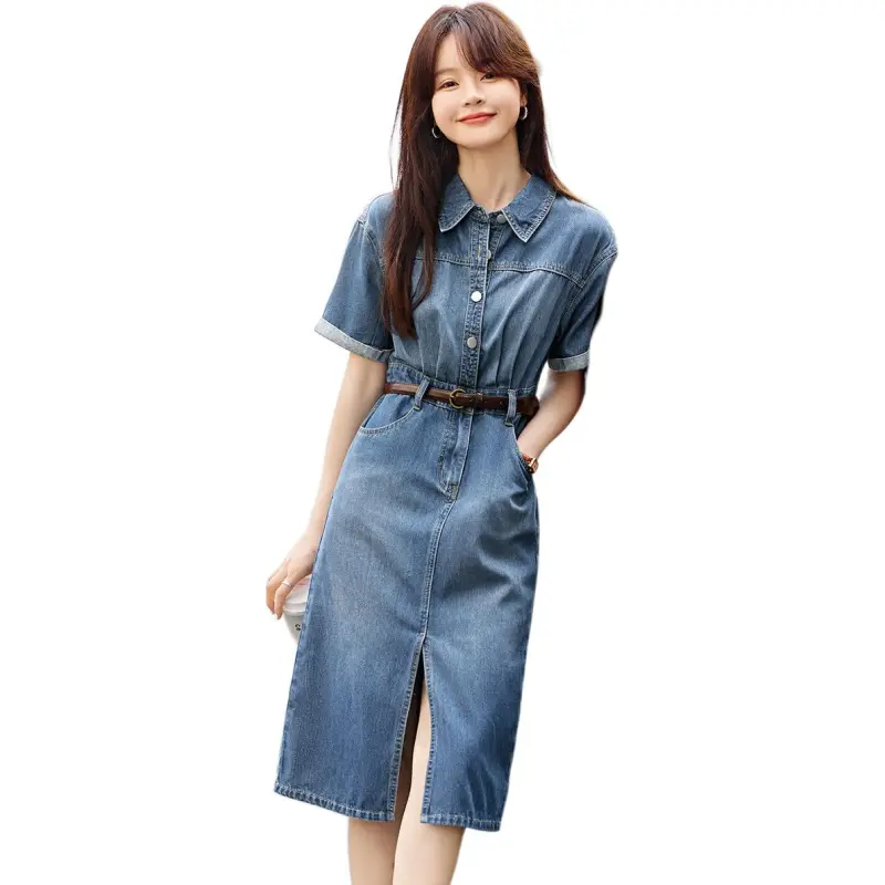Mo Han Yi Mei Short Sleeved Dress Women's Denim Blue-4