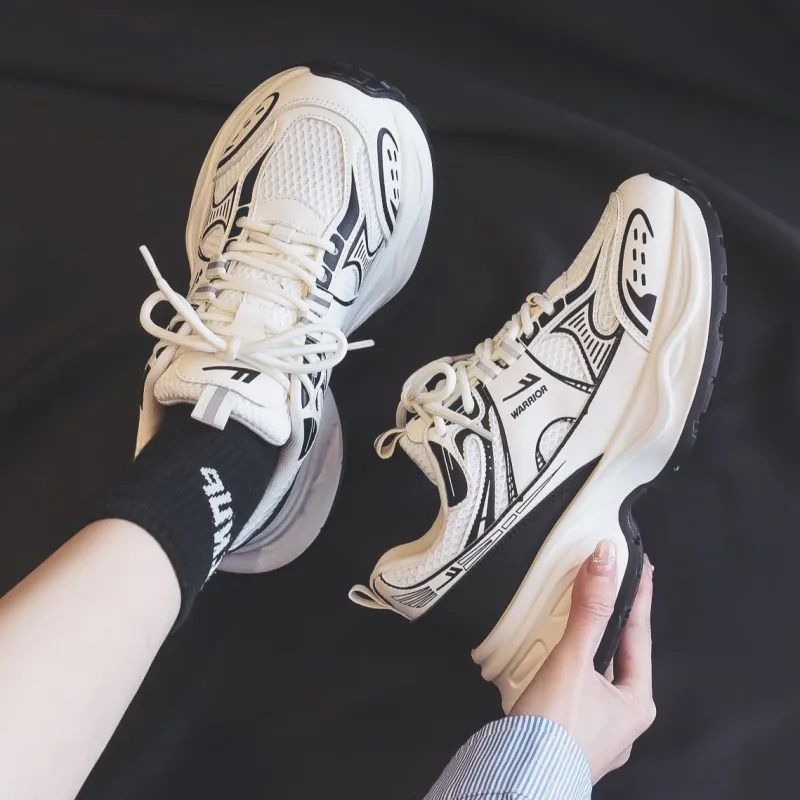 Warrior Warrior Height Increasing Wear Resistant Low Top Chunky Sneakers Women's Beige Black-5