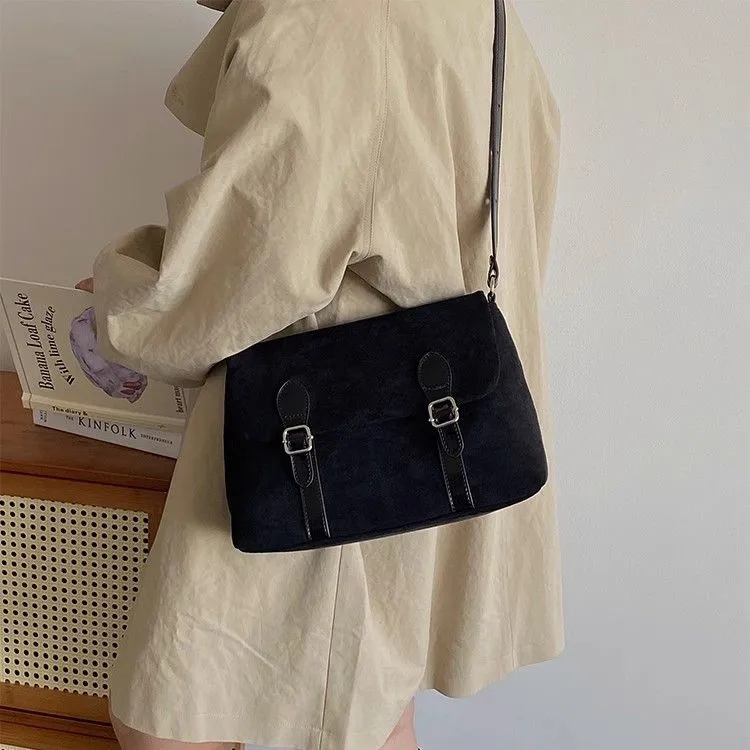 NOMK Suede Messenger Bag Shoulder Bag Crossbody Bag Women's Black & Khaki-1