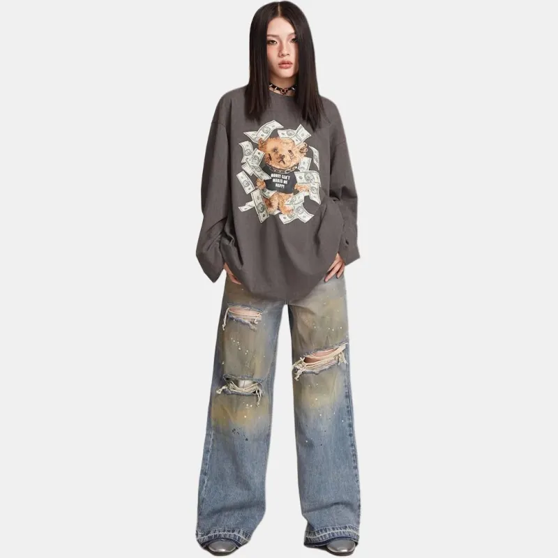 LALABOBO Drop Shoulder Sleeve T Shirt Women's Gray-2