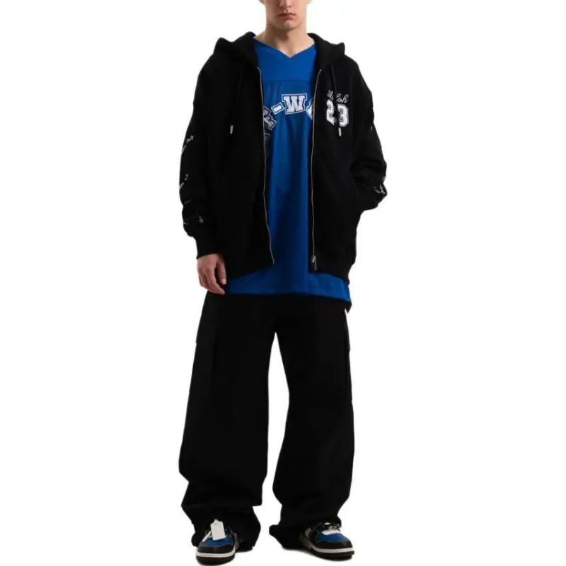 OFF WHITE Logo Embroidered Zip Up Drawstring Hoodie-1