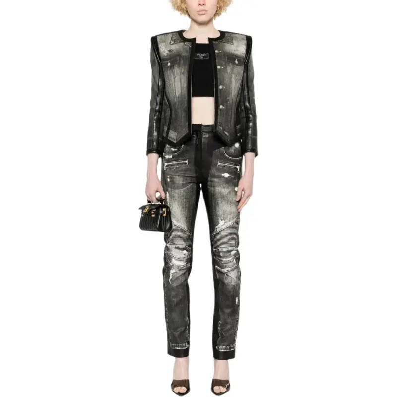 BALMAIN Denim print Leather Trousers-1