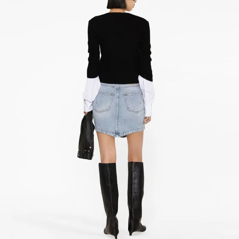 T By Alexander Wang Ribbed Compact Cotton Cuff Cardigan Shirt Black/White-2