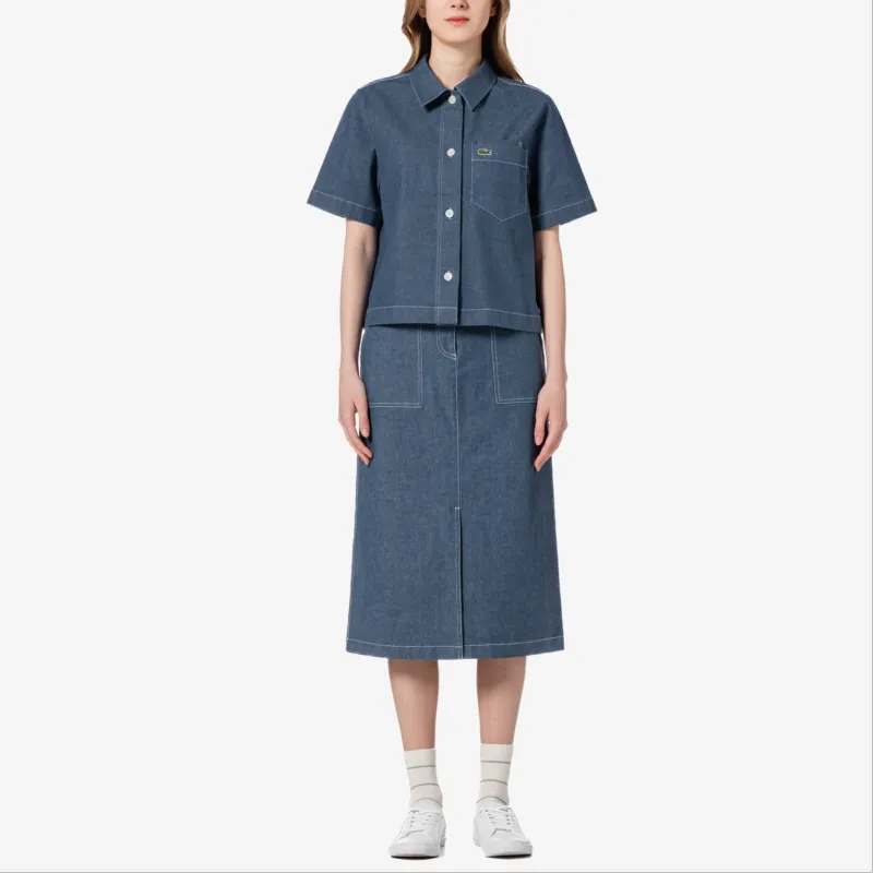 LACOSTE Denim Long Skirt Women's Light Blue-1