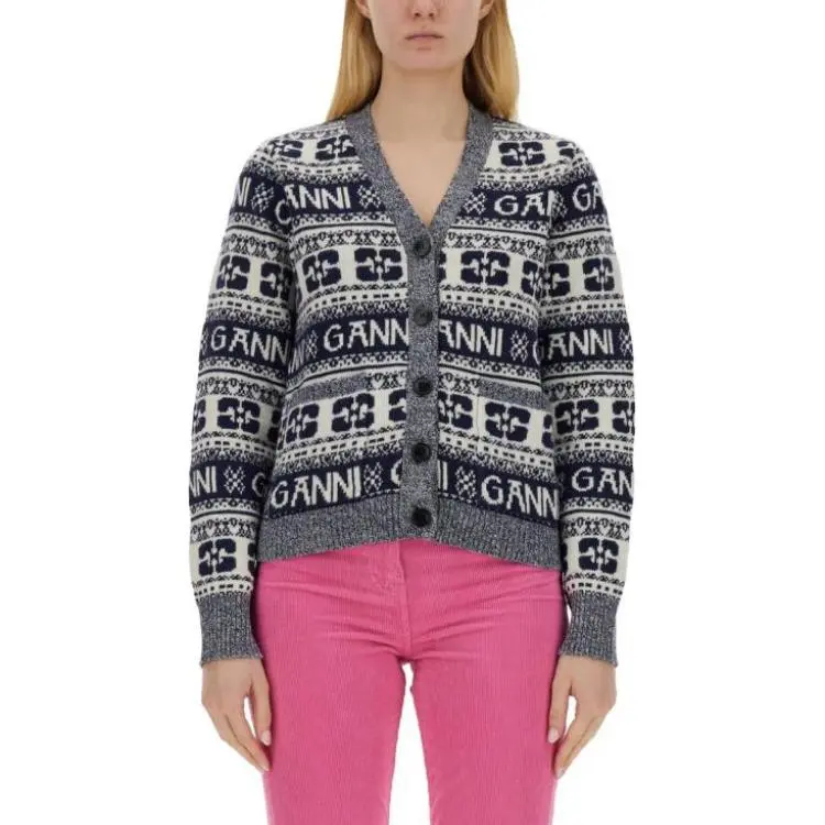 GANNI Logo Intarsia Knitted Cardigan-2