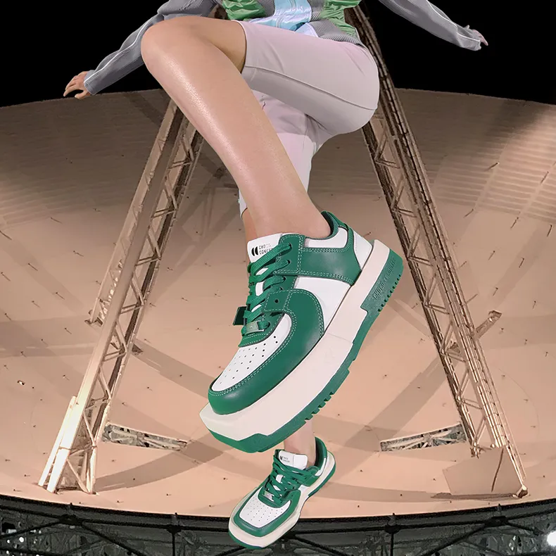 CHOCO CONCERT Cow Leather Round And Square Asymmetrical Sneaker Stylish Skateboarding Shoes Unisex Green-5