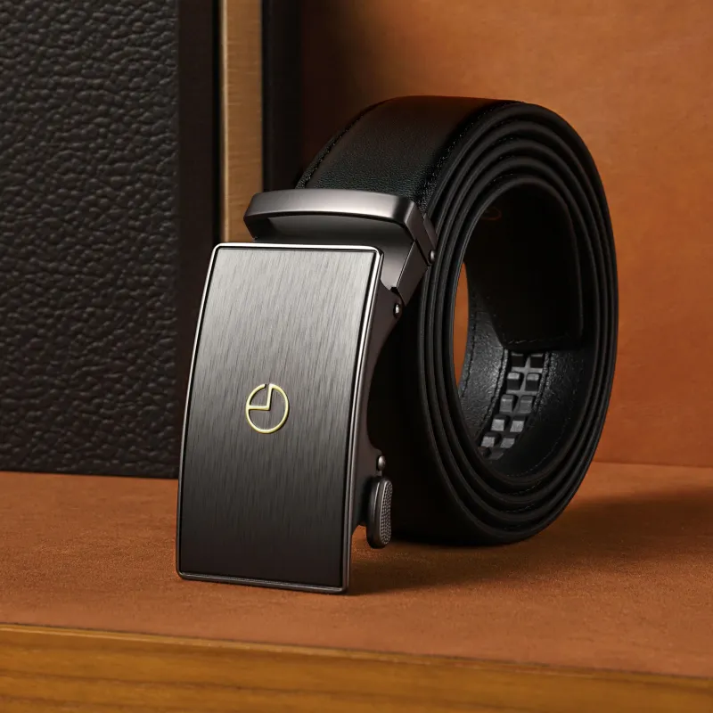 GOLDLION Top Grain Cow Leather Automatic Buckle Belt Men's Black Width 3.5CM-3