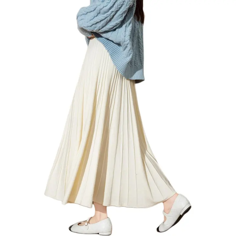 Tonlion Knit Long Skirts Women's Milk White-2