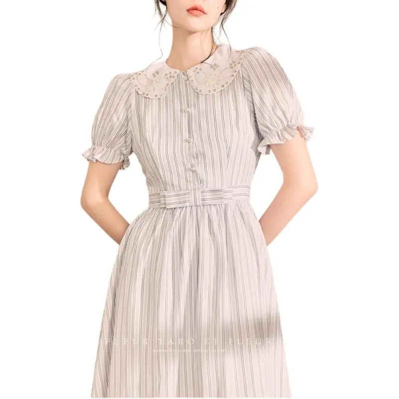 QIAOYUHUAZUN Short Sleeved Dresses Women's Blue White Stripes-7