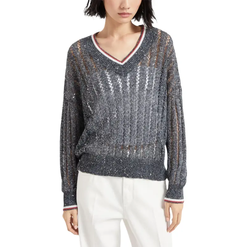 Brunello Cucinelli Openwork Knitted V Neck Jumper-1