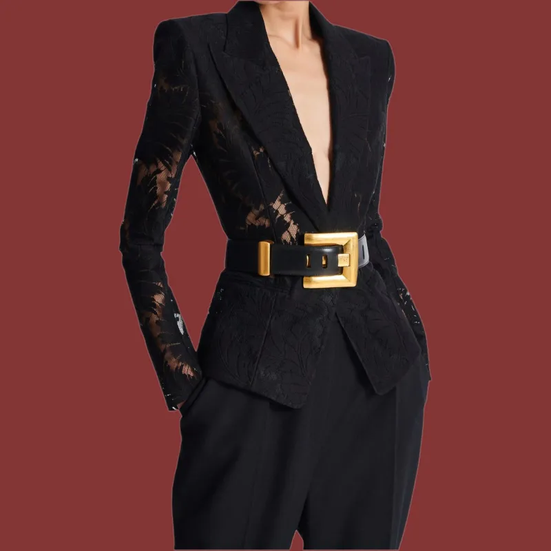 BALMAIN Calfskin, Metal Leather Belts Women's Black 4.5CM-2