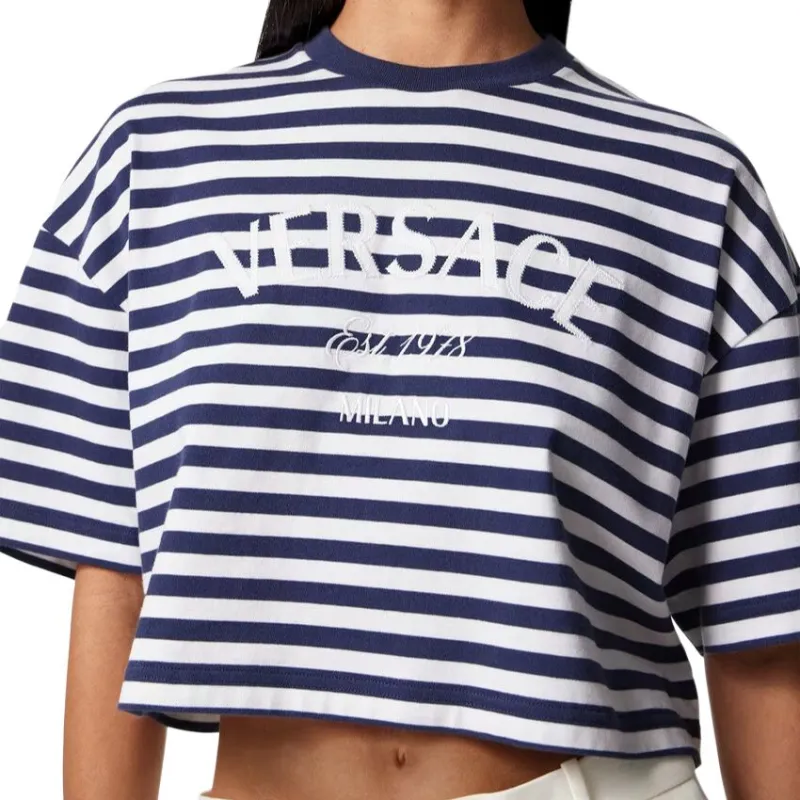 VERSACE L'Ancora Crop T Shirt 'White/Navy/Multicolor'-3