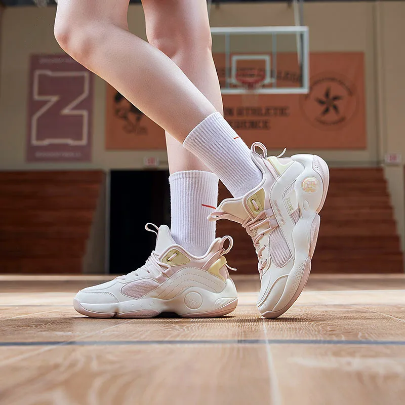 QIAODAN Cushioning Wear Resistant Low Top Basketball Shoes Women's White Pink-4