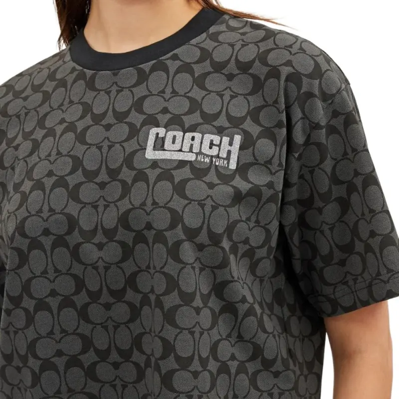 COACH Letter Logo All Over Print Casual Crew Neck Cropped Short Sleeved T Shirt Women's Mixed Black-3