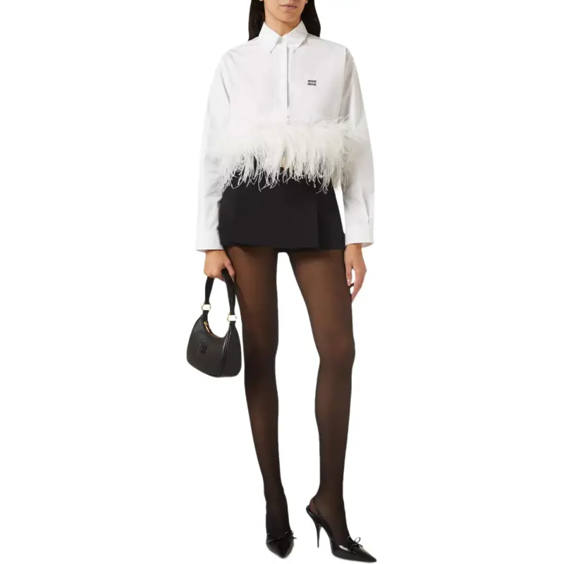 MIU MIU Button Up Cropped Feather Trim Shirt-3