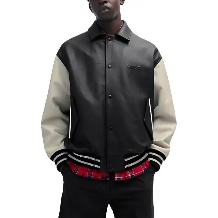 HUGO BOSS FW23 Leather Varsity Jacket With Oversized Embossed Logo Jackets Coats Men's Black-1