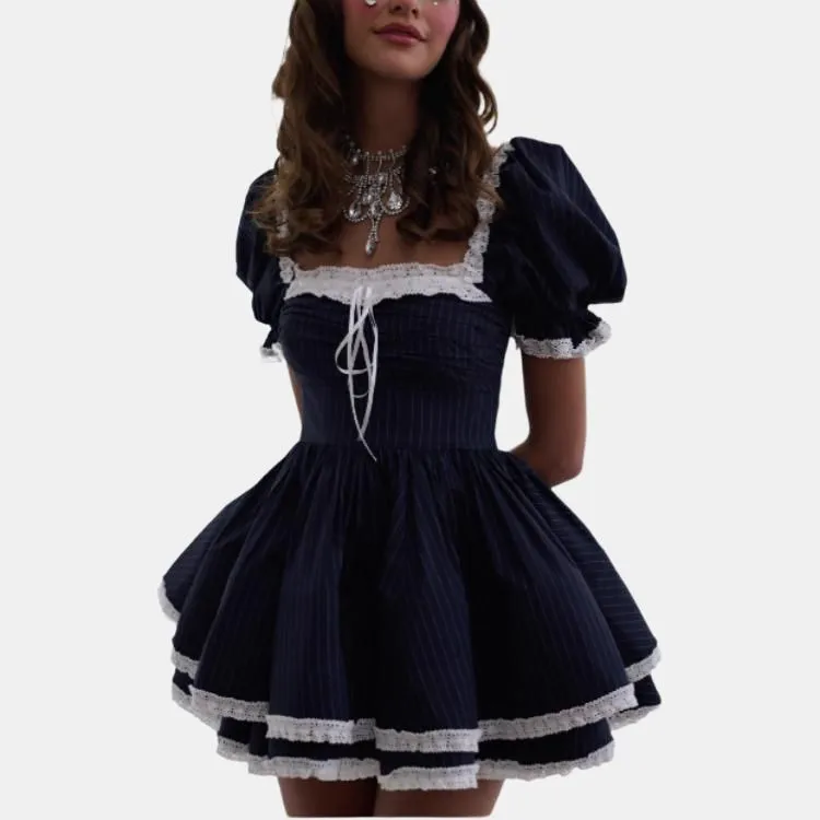 Selkie Collection FW24 Short Sleeved Dresses Women's Dark Blue Stripes Print-5