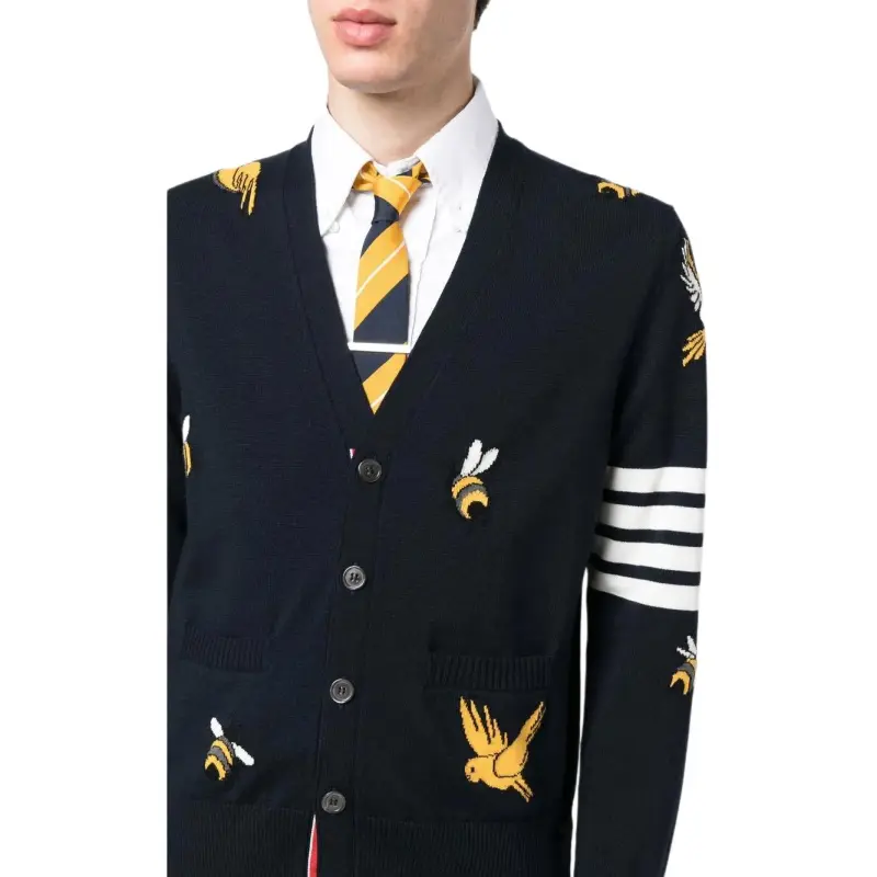 THOM BROWNE 4 Bar Striped Intarsia Patterned Buttoned Cardigan-4