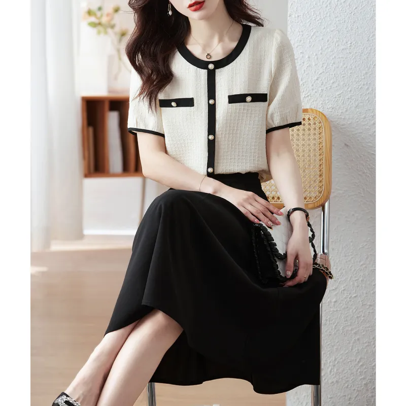 Still quiet Two Piece Skirt Sets Women's Beige+Black-5