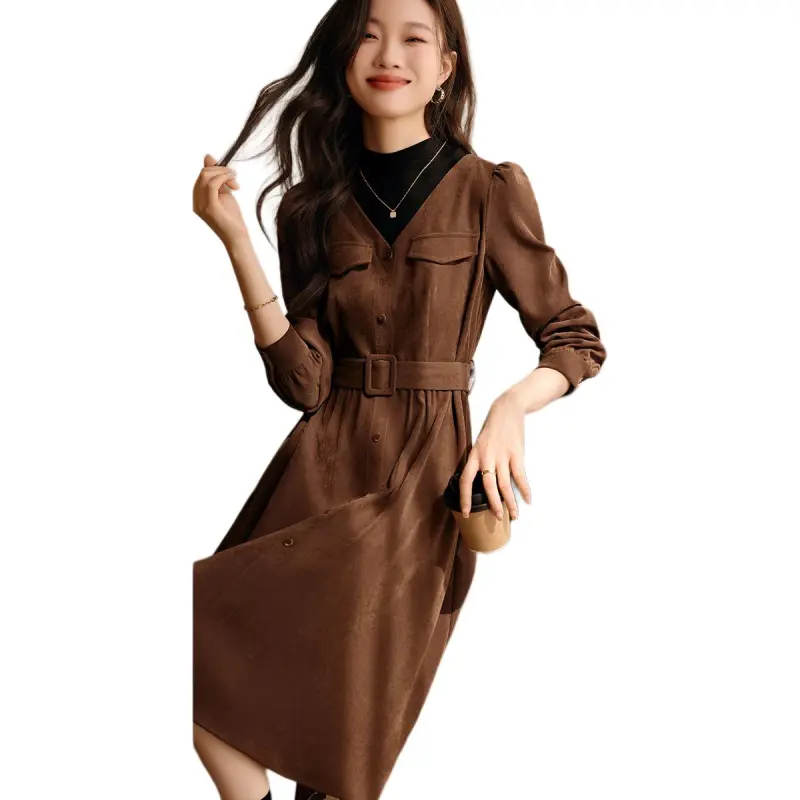 Mo Han Yi Mei Long Sleeved Dress Women's Coffee-3