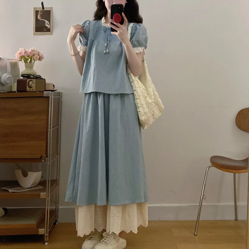 GULIANFEI Skirt Set Women's Light Blue-2