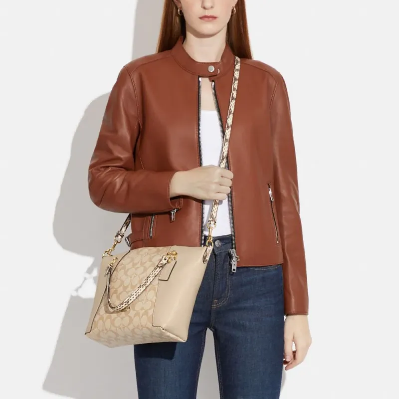 COACH Kacey Coated Canvas With Leather Shoulder Bag Crossbody Bag Handbag Medium Size Women's Khaki & Ivory-3