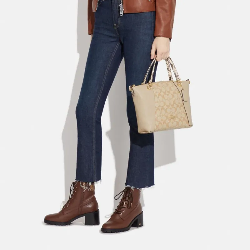 COACH Kacey Coated Canvas With Leather Shoulder Bag Crossbody Bag Handbag Medium Size Women's Khaki & Ivory-4