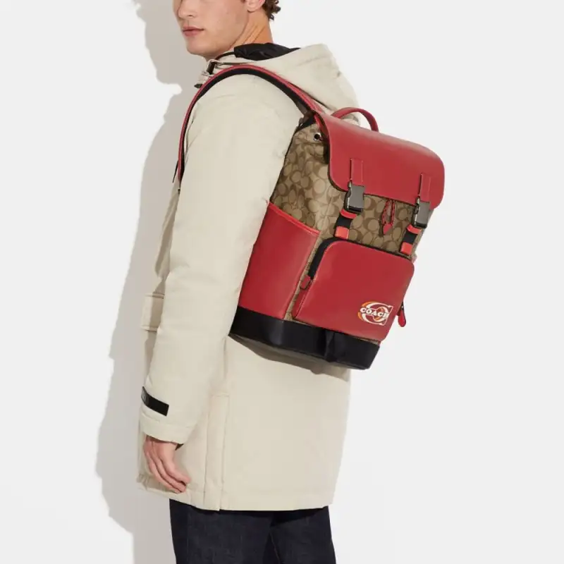 COACH Track Leather Backpack Tubas Women's Khaki & Red-3