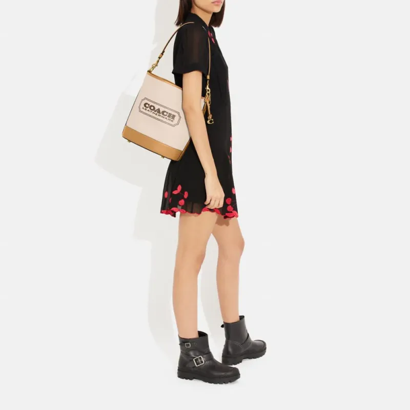 COACH Dakotah Canvas With Refined Calfskin Bucket Bag, One Shoulder Handbag, Crossbody Bag Tubas Women's Brass/Tan-3