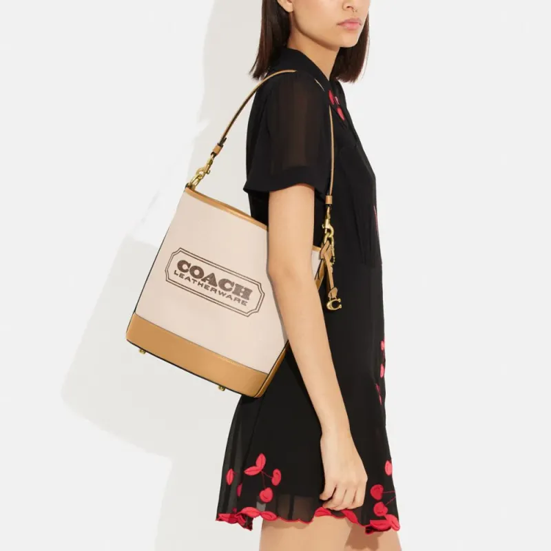 COACH Dakotah Canvas With Refined Calfskin Bucket Bag, One Shoulder Handbag, Crossbody Bag Tubas Women's Brass/Tan-4