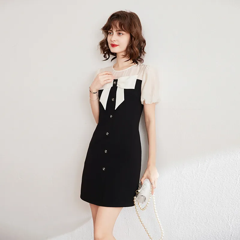 LOUISY AO Short-Sleeved Dresses Women's Black Spliced Rice Almond-2