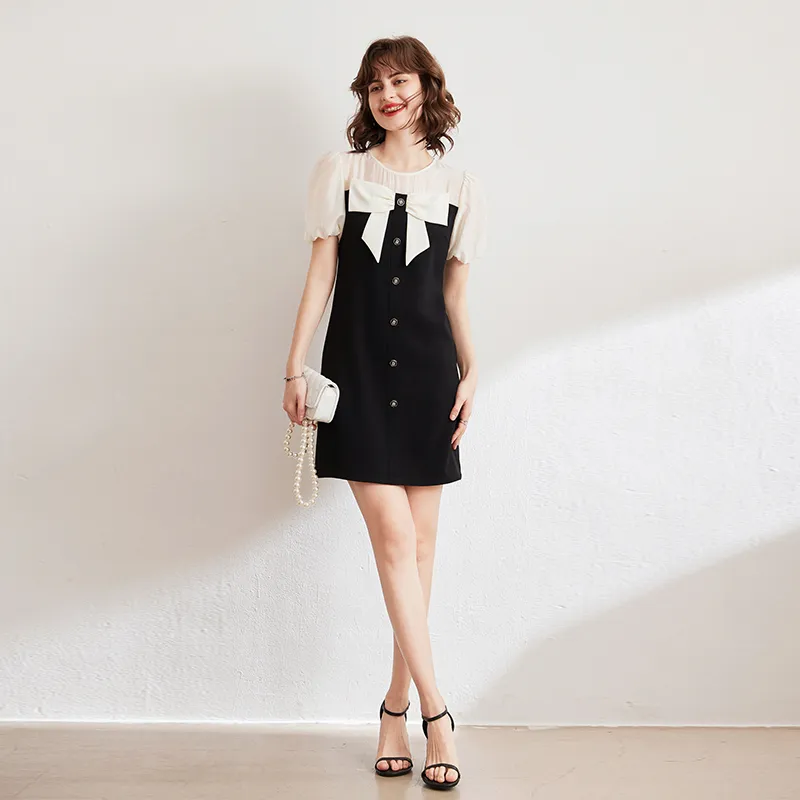 LOUISY AO Short-Sleeved Dresses Women's Black Spliced Rice Almond-3
