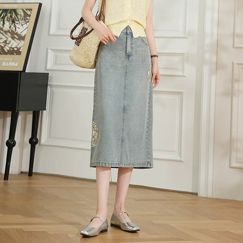 LOUISY AO Denim Long Skirts Women's Blue-3