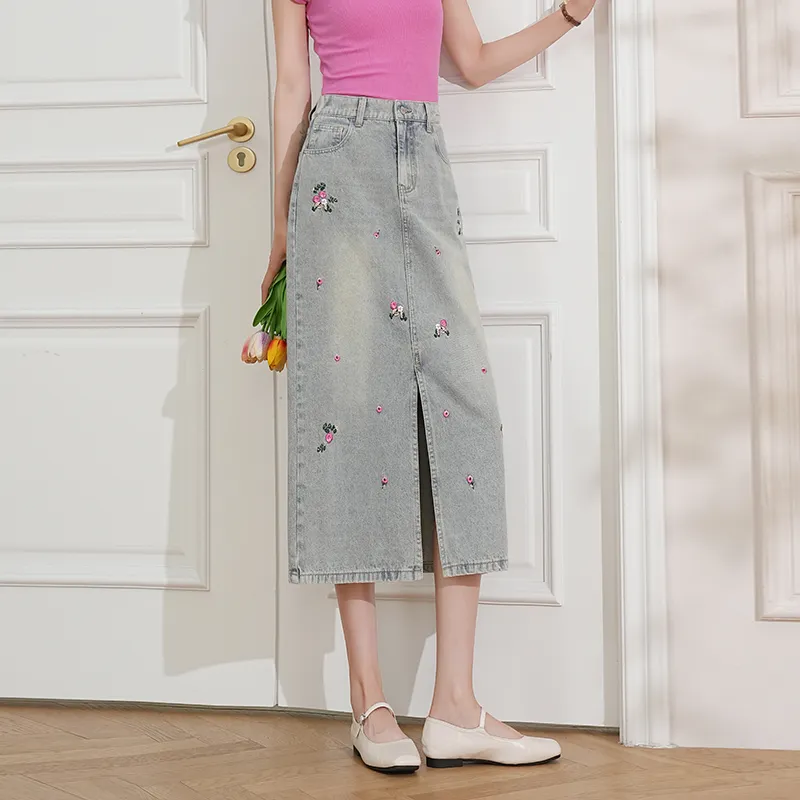 LOUISY AO Denim Long Skirts Women's Light Blue-3