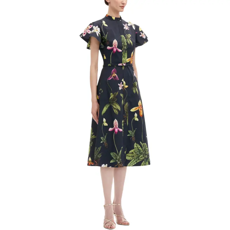 Oscar De La Renta Orchid Short sleeved Cotton Poplin Dress-3