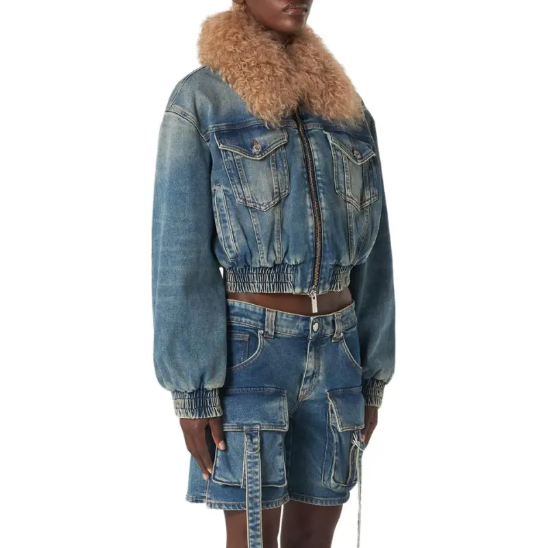 Blumarine Oversized Collar Zip Up Cropped Denim Jacket-5