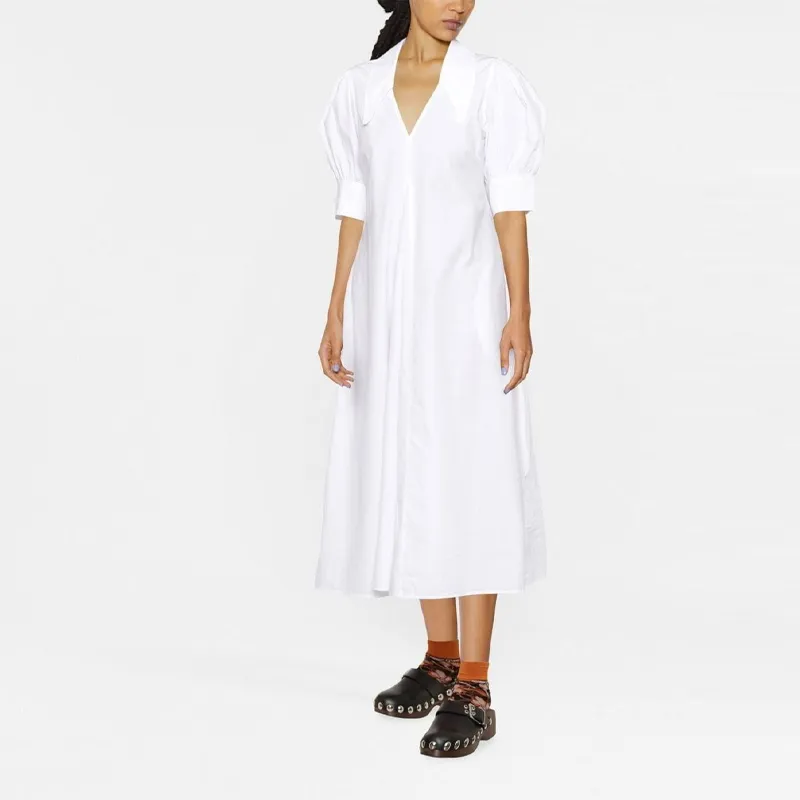 GANNI Poplin V Neck Midi Dress-1